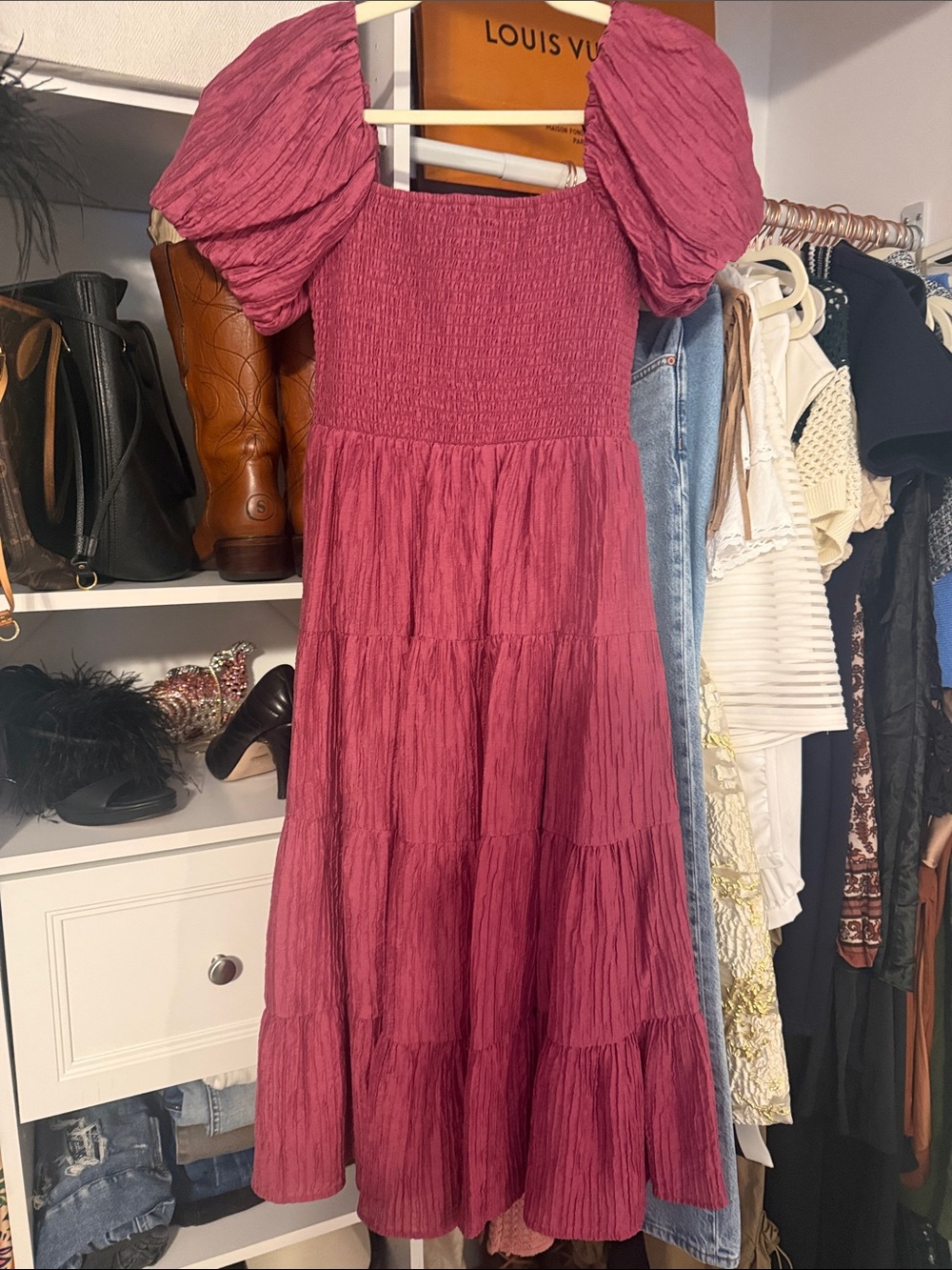 Francesca's Collections Rose Puff Sleeve Tiered Midi Dress